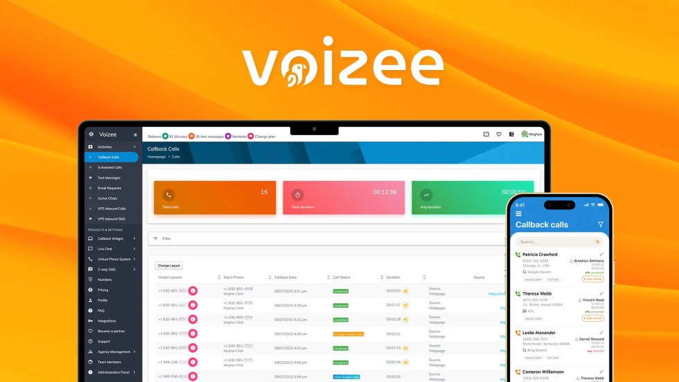Voizee plugin dashboard and mobile app for instant callbacks, live chat, SMS, and multi-channel customer engagement.