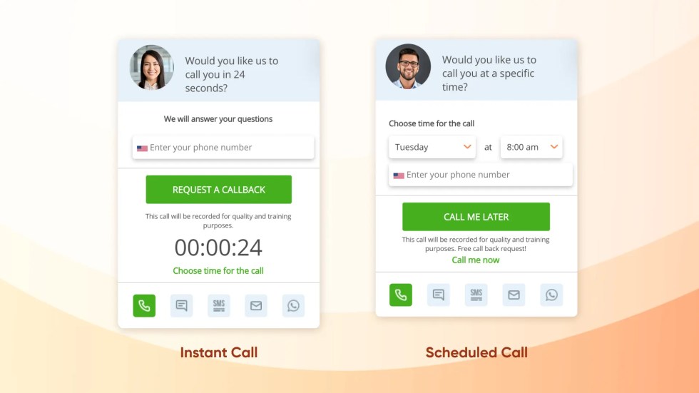 Voizee website widget displaying instant callback and scheduled call options for WooCommerce stores.