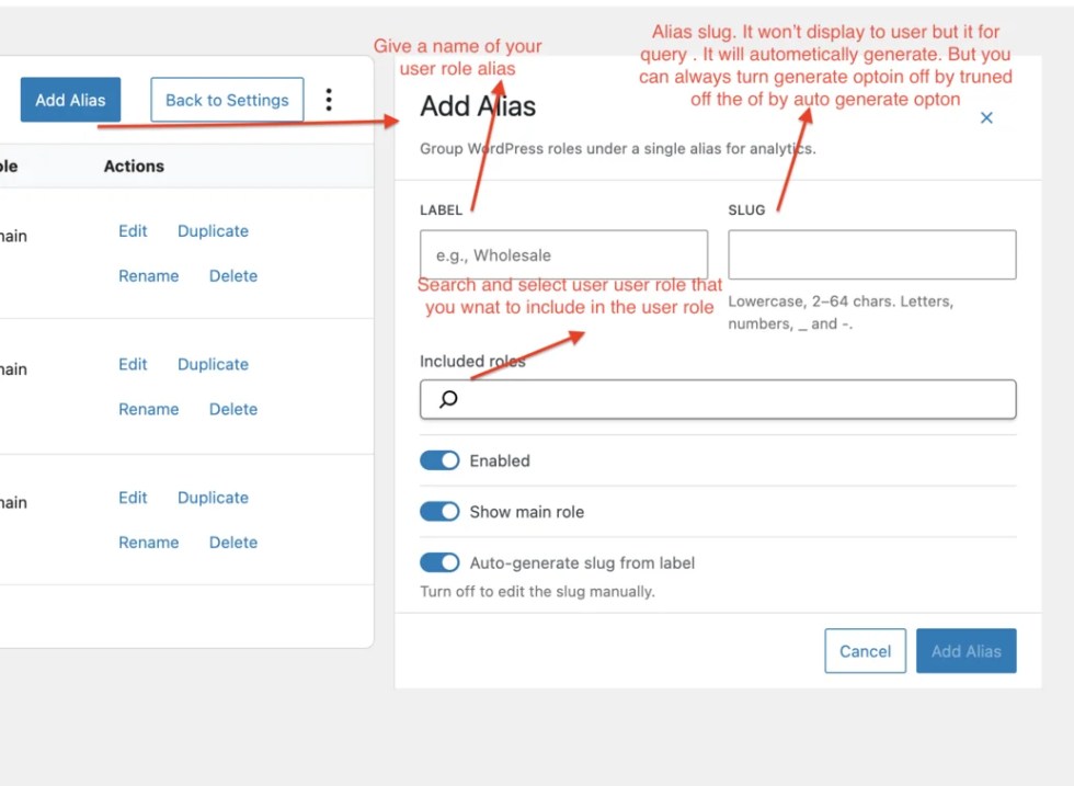 Add User Role Alias modal in Role Based Analytics for WooCommerce showing label, slug, and included roles selection.
