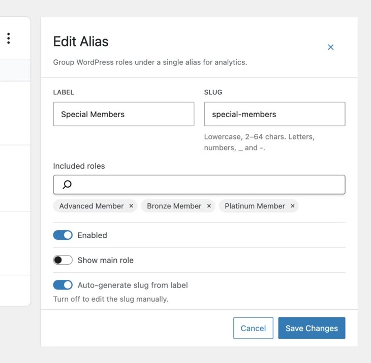 Edit User Role Alias screen showing label, slug, included roles, enable toggle, and auto-generate slug option.