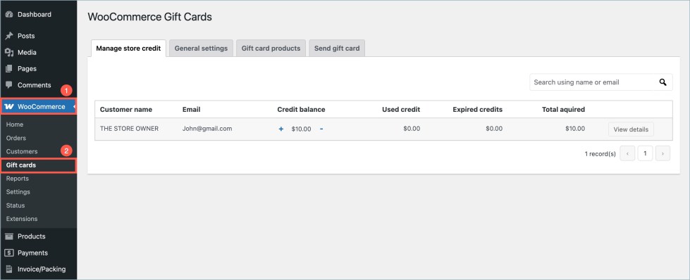 Gift cards - Settings page