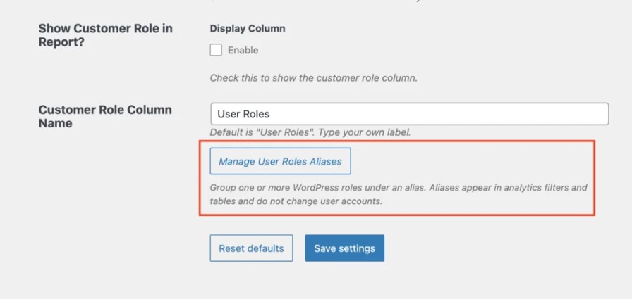 WooCommerce settings screen showing the Manage User Roles Aliases section.