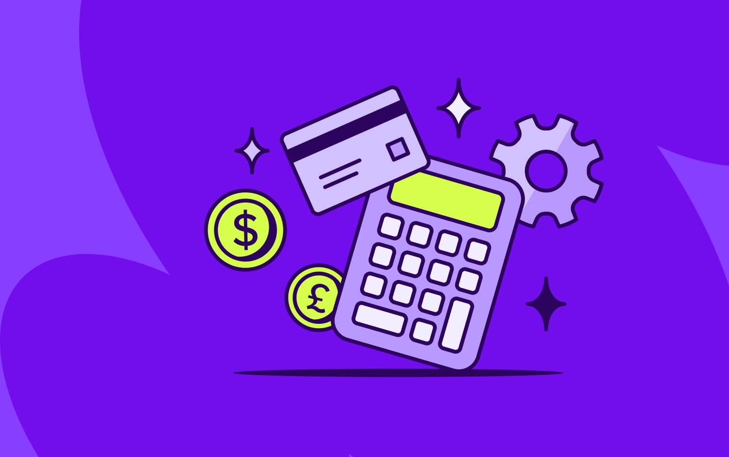 Illustrations of a calculator, credit card, money, and gear