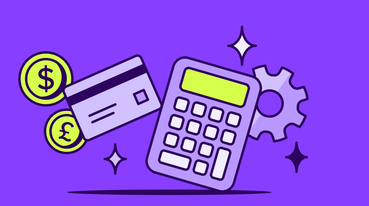 Illustrations of a calculator, credit card, money, and gear