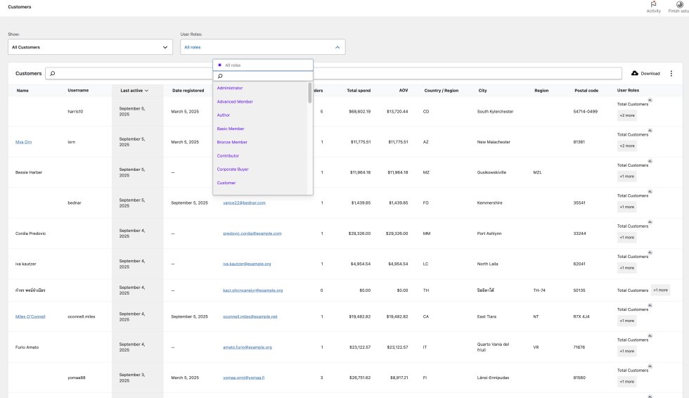 WooCommerce Customers report with User Roles filter dropdown and User Roles column in the customer table