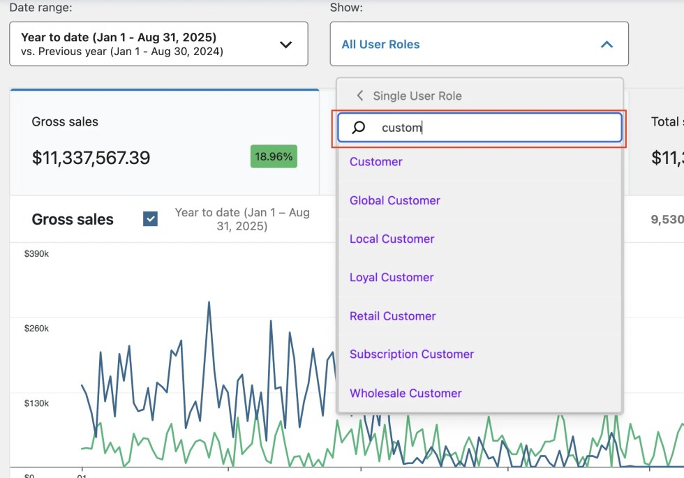 Search and select a single role in WooCommerce Analytics.
