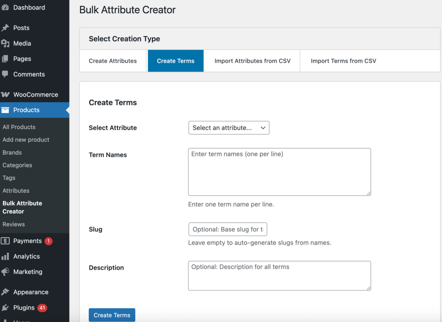 Bulk Attribute Creator - Create Terms Tab