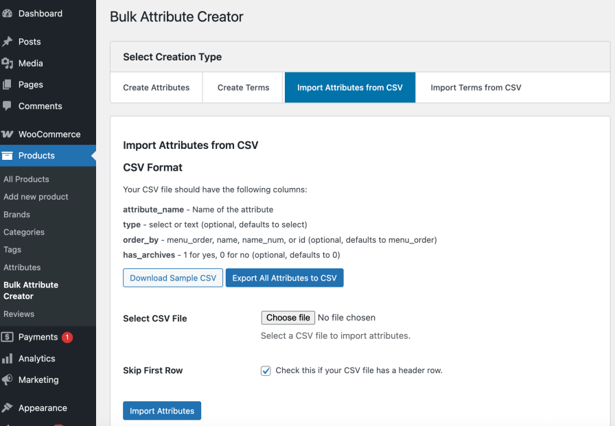 Bulk Attribute Creator - Import Attributes Tab