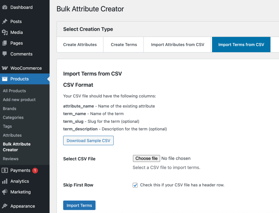 Bulk Attribute Creator - Import Terms Tab