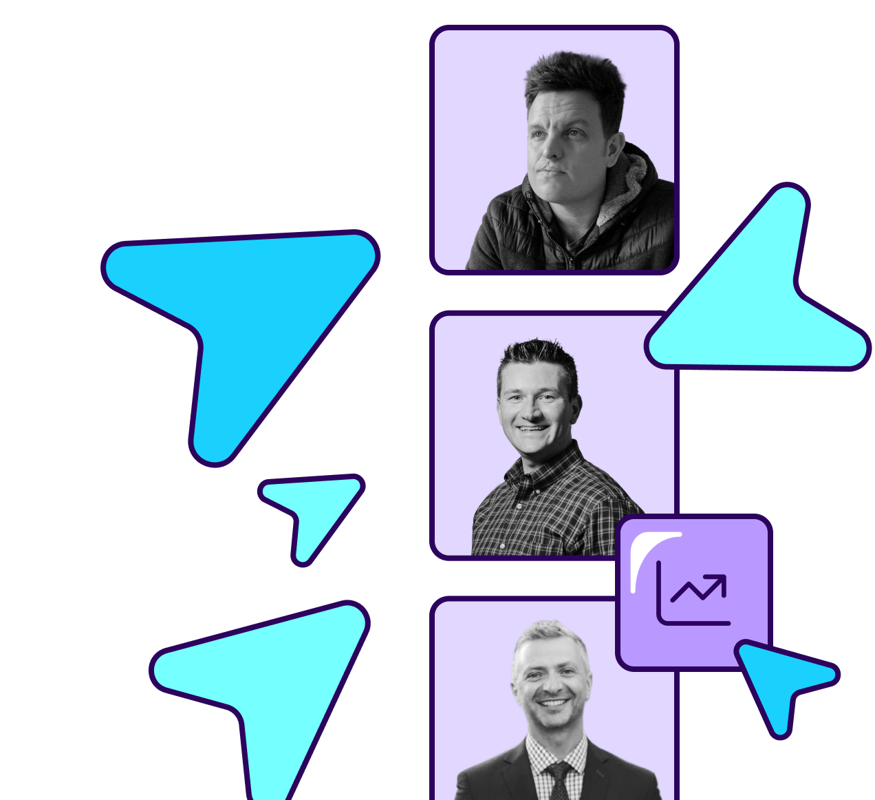 Webinar participant headshots with cursor icons and an upward graph icon