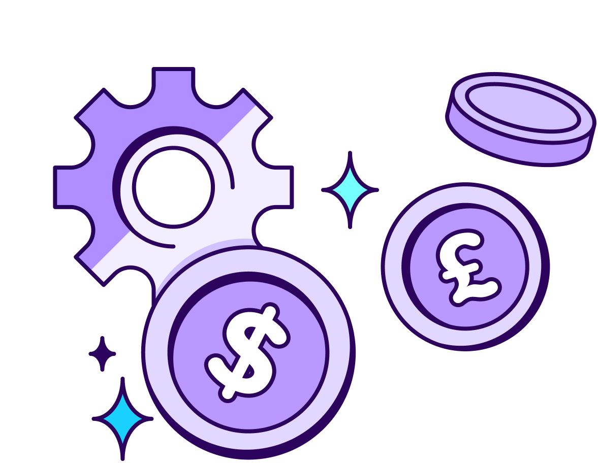 Illustrations of gears, coin money, and sparkles