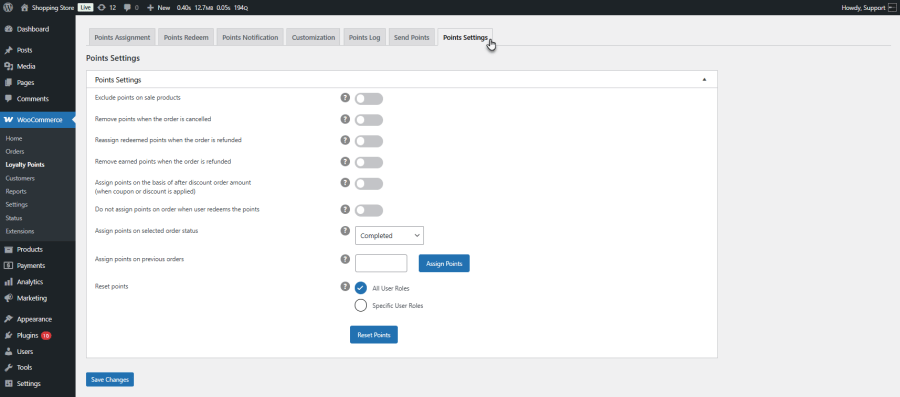 Advanced Points Settings