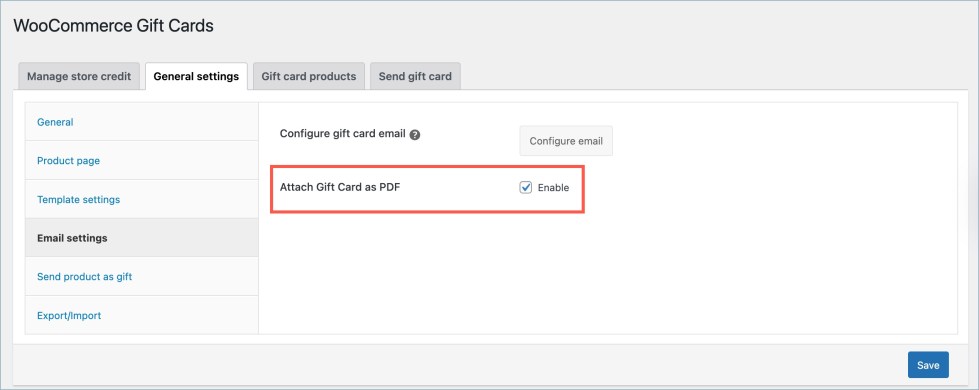 Attach gift card as PDF - Gift cards