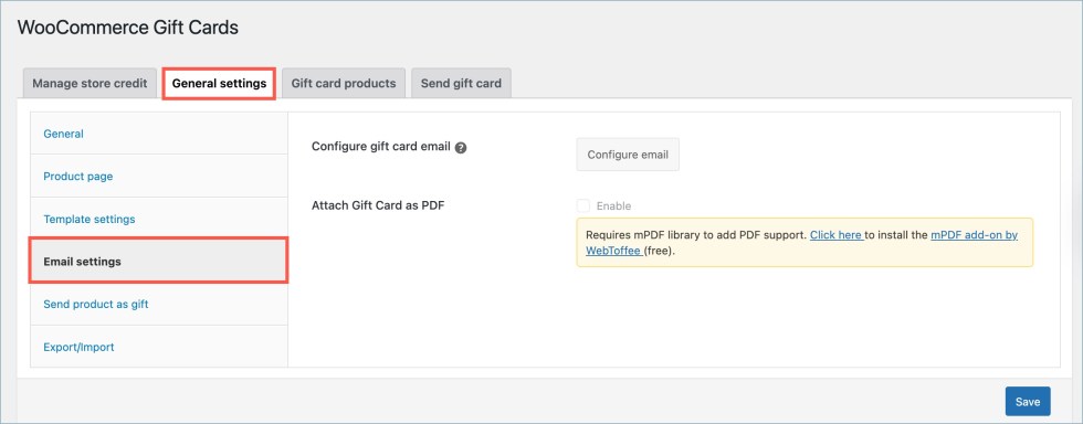Email settings - Gift cards