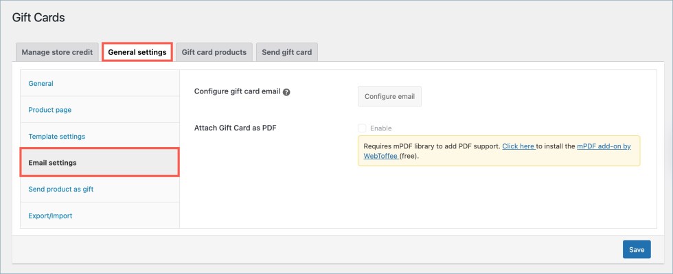 Email settings - Gift cards