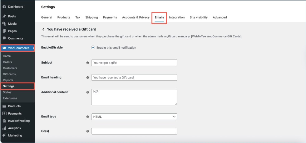 Store credit email configuration