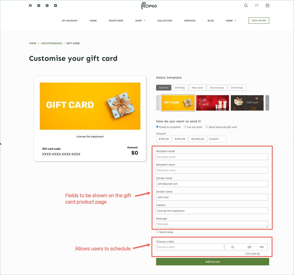 Gift card product page with scheduling option