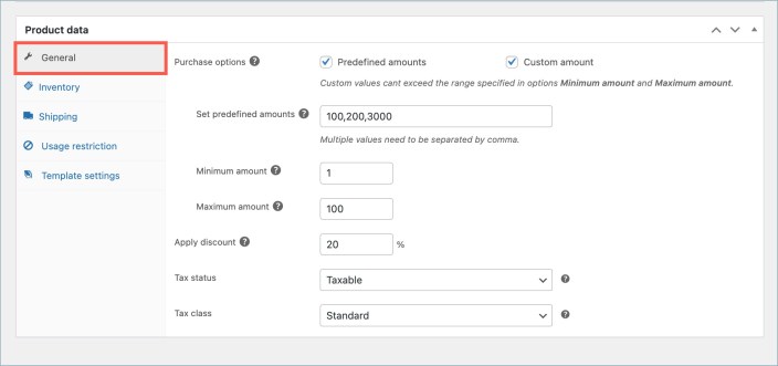 Gift card product data general settings