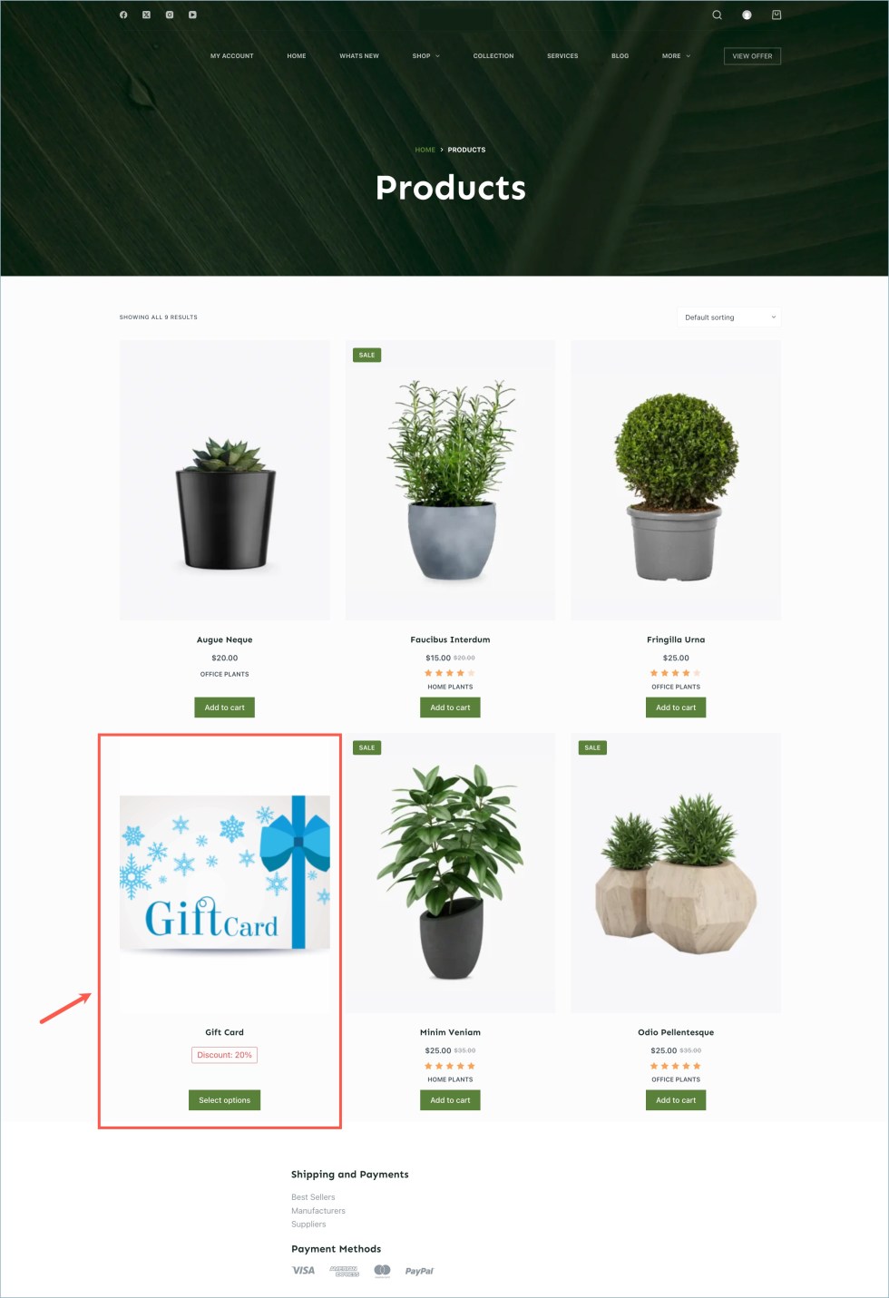 Gift card product in the front end