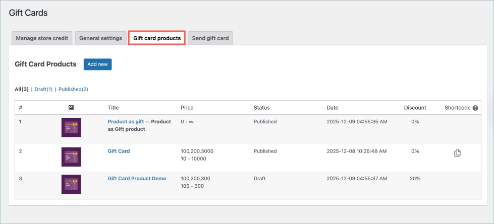 Create gift card products