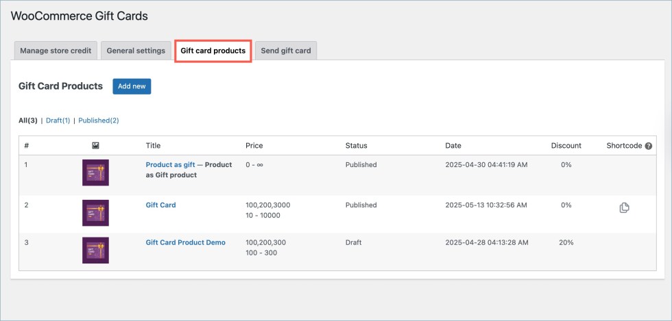 Create gift card products