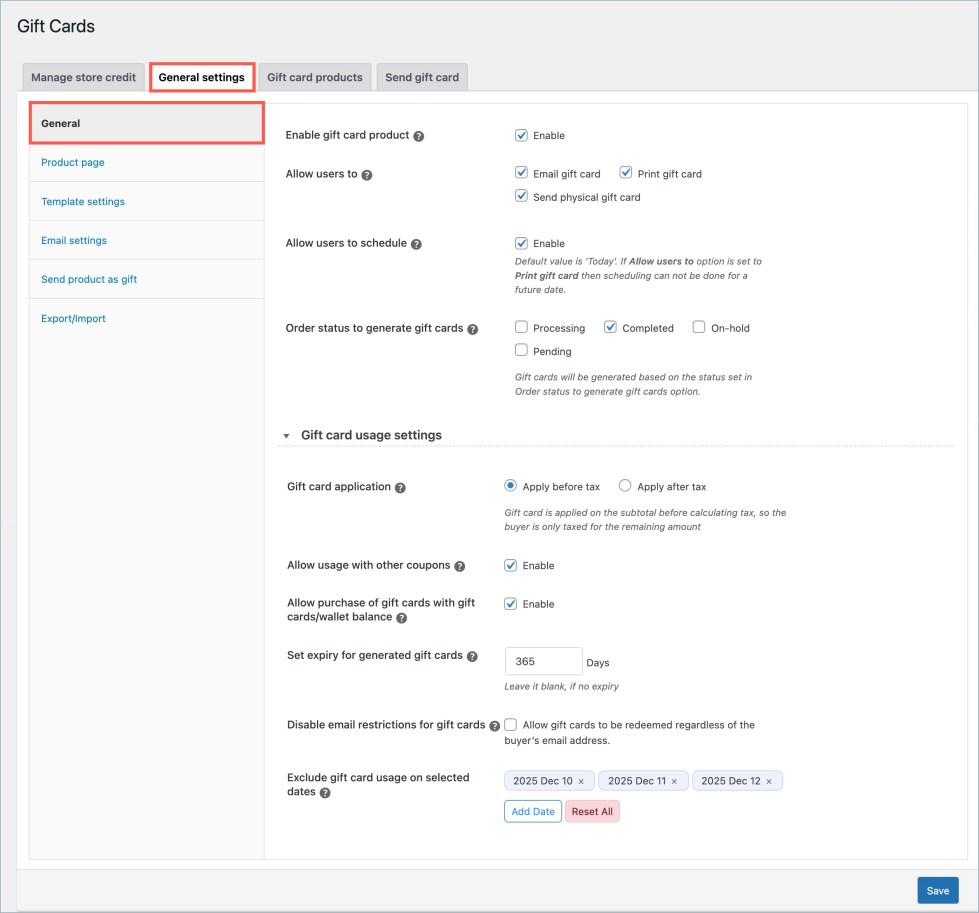 General settings - Gift cards
