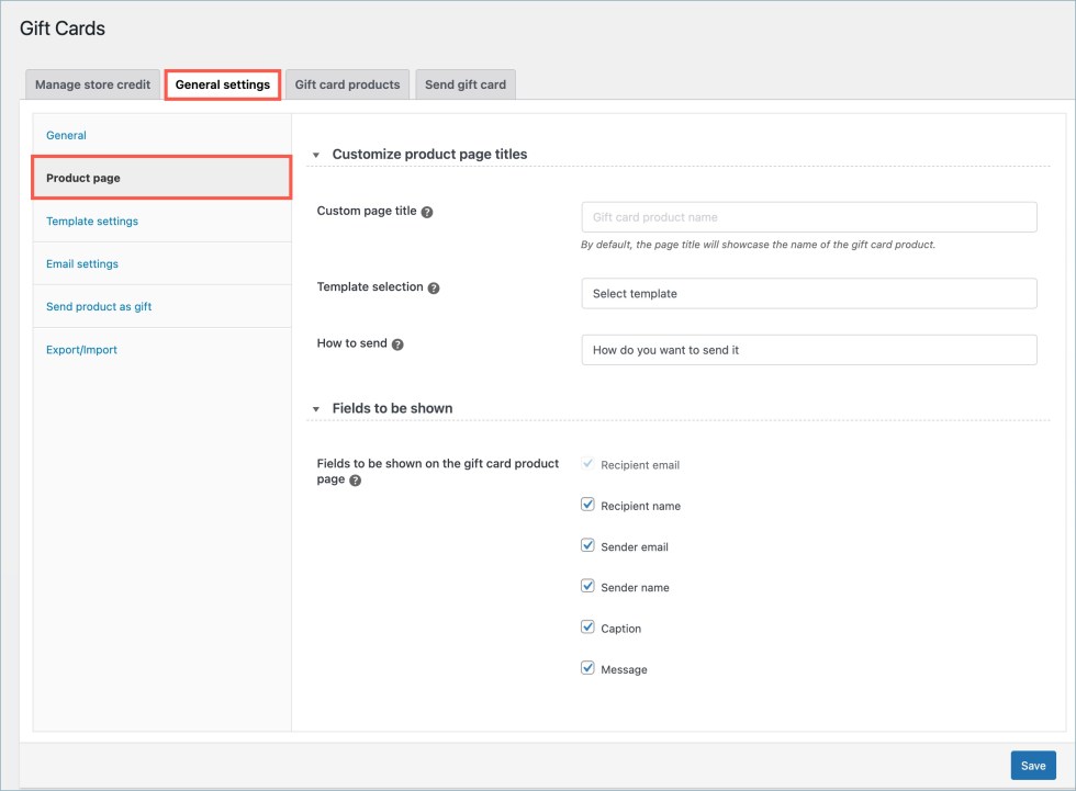 Product page fields section - Gift cards