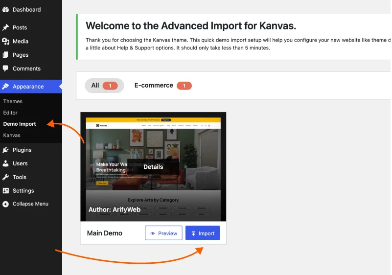 Go to Kanvas Demo Import Page