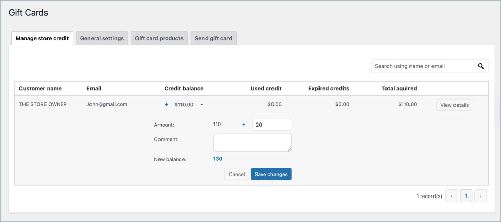 Manage store credit - Gift cards