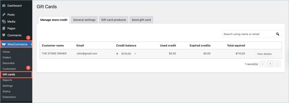 Gift cards - Settings page