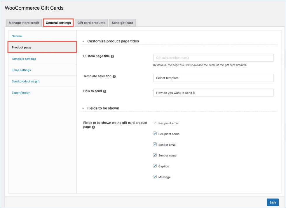 Product page fields section - Gift cards