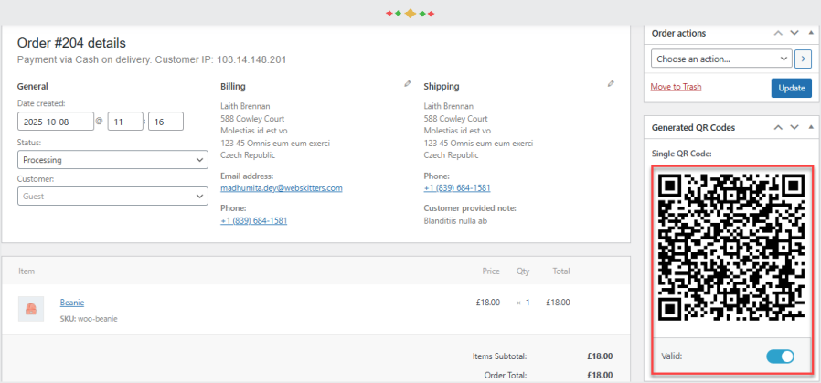 qr code valid in admin side order edit page