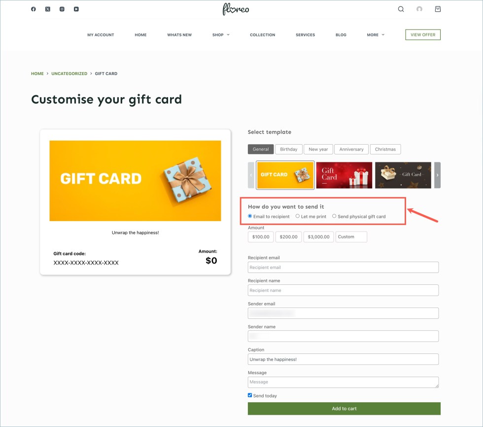 Gift card product page