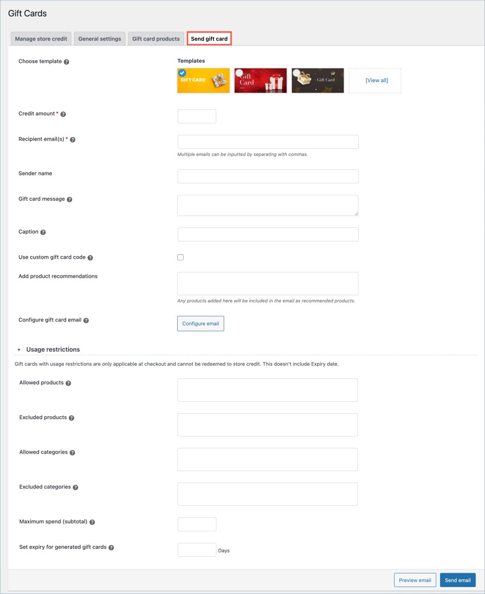 Send gift cards from the backend