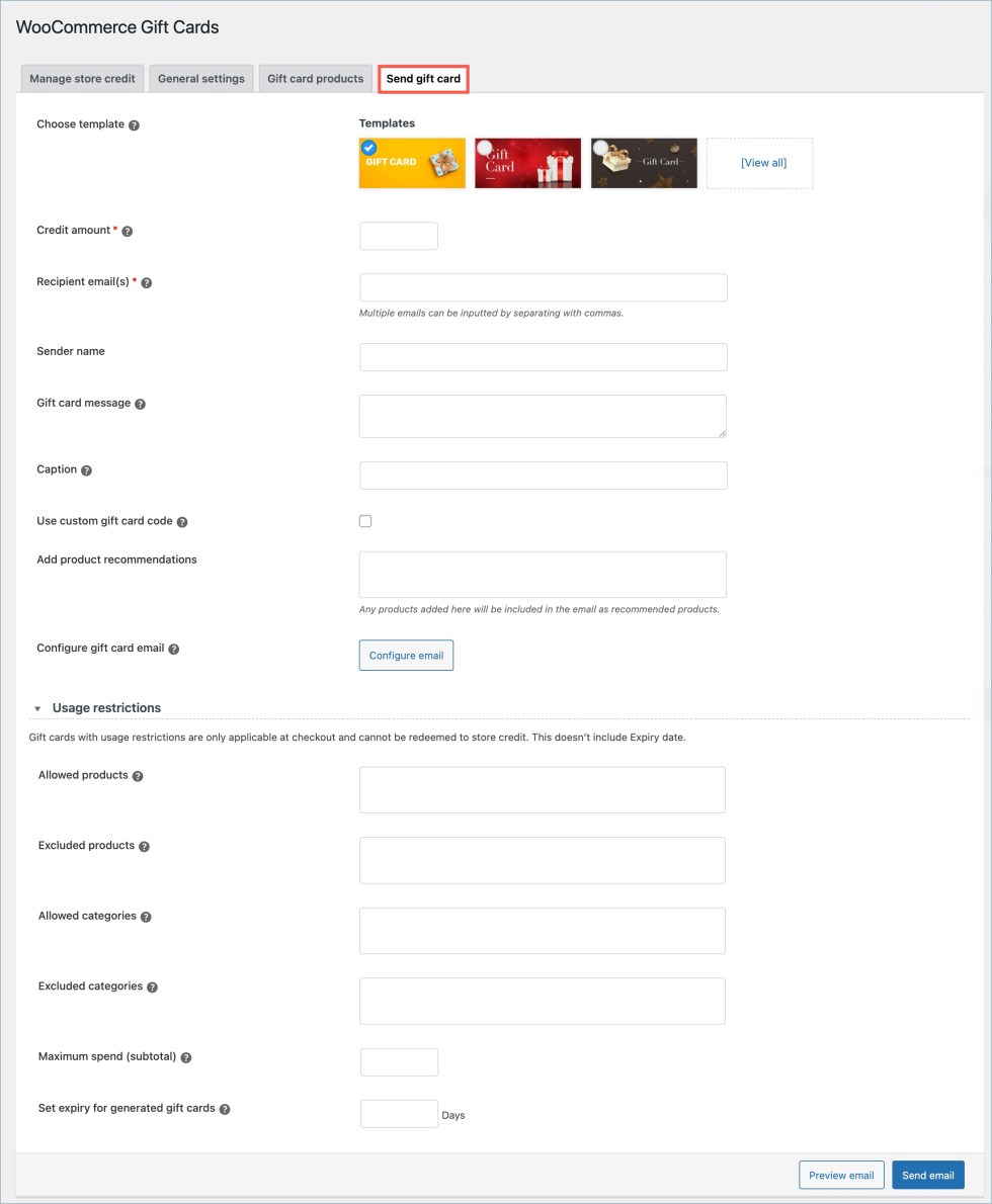 Send gift cards from the backend