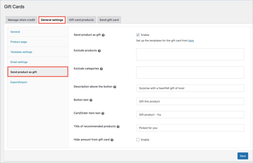 Send product as gift - Gift cards