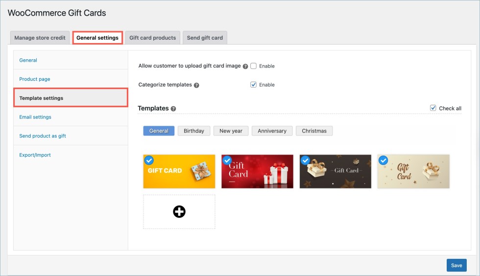 Template settings - Gift cards
