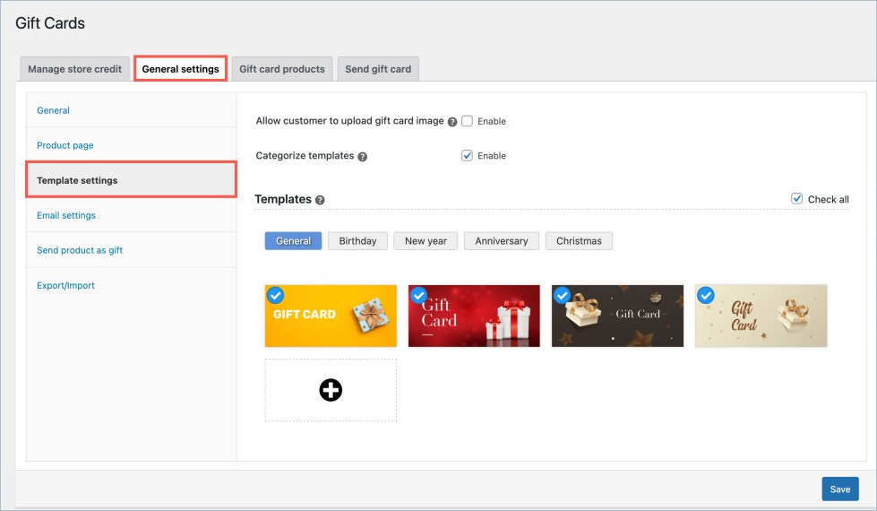 Template settings - Gift cards