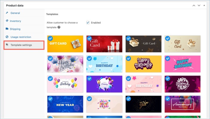 Gift card product template settings