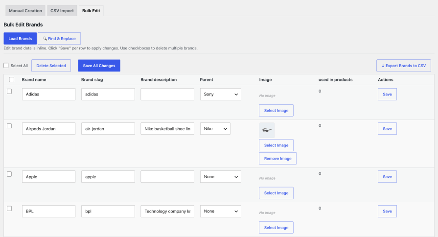 Bulk Brands Manager - Bulk Edit Interface