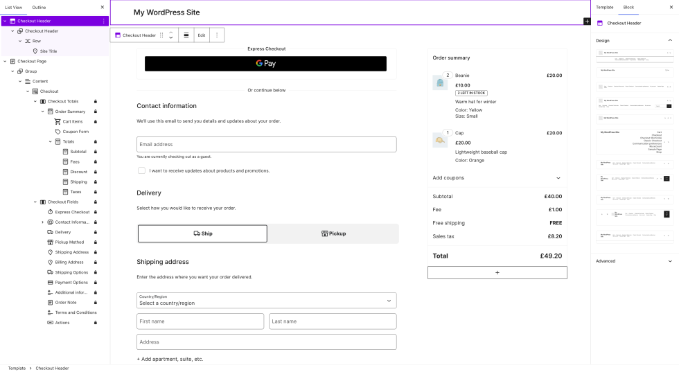 Template for Checkout Page