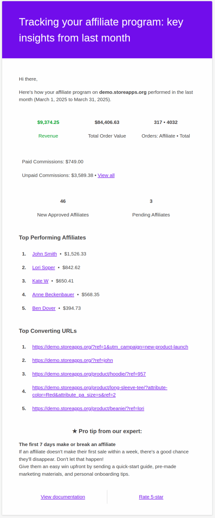 Tracking affiliate program performance with monthly summary emails