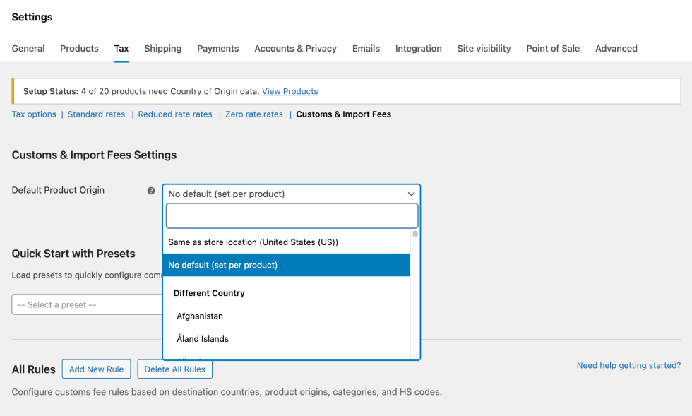 Default product origin