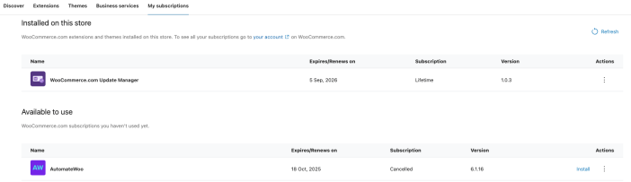 Screenshot: showing extensions that are Available to use, under WP Admin > WooCommerce > Extensions > My Subscriptions