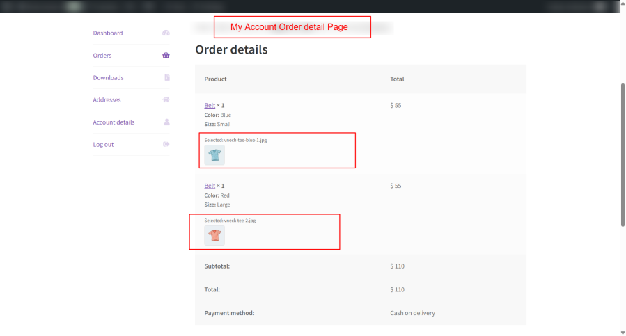 WooCommerce Add-On Image Mapper order details page preview