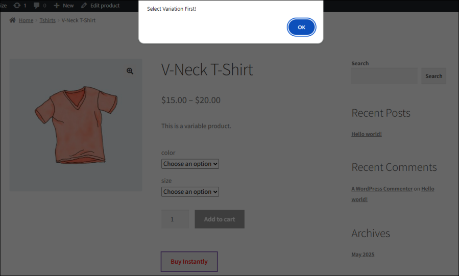 quick buy button on variable product