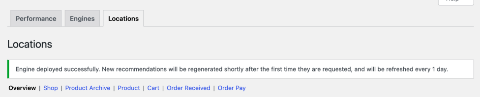 Engine deployed successfully. New recommendations will be generated shortly after the first time they are requested, and will be refreshed every 1 day.