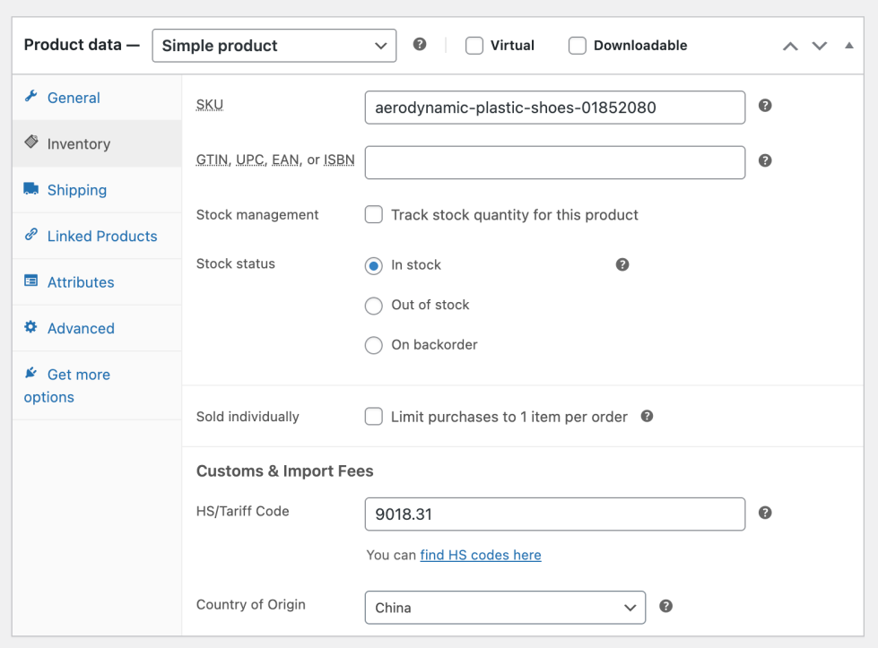 Customs Fees Product settings