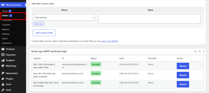 View logs on an order