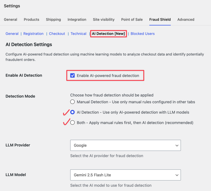 ai detection plugin settings